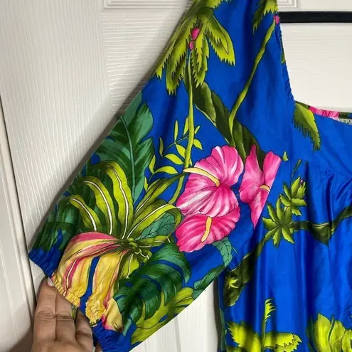 HILO HATTIE Vintage 80s Blue Hawaiian Print Midi Dress Size Large