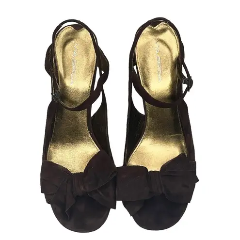 via spiga new ❤︎ Wood Platform Bow Strappy Sandals ❤︎ Chocolate Suede ❤︎ 10.5M