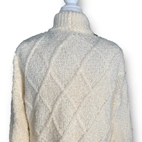 Vintage 80s Cream Boucle Shawl Collar Oversized Diamond Knit Duster Cardigan Size M