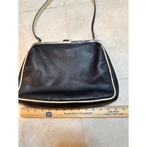 Furla Black Leather Kiss Lock Handbag Cream Trim