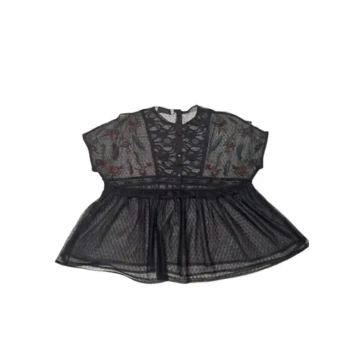 ZARA  BASIC‎ COLLECTION top M black sheer mesh embroidered babydoll shirt floral