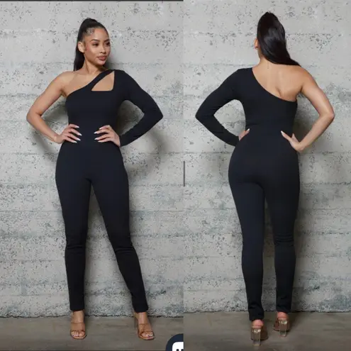 Melrose With Love Bria One Sleeve Ribbed knit Jumpsuit Black Small