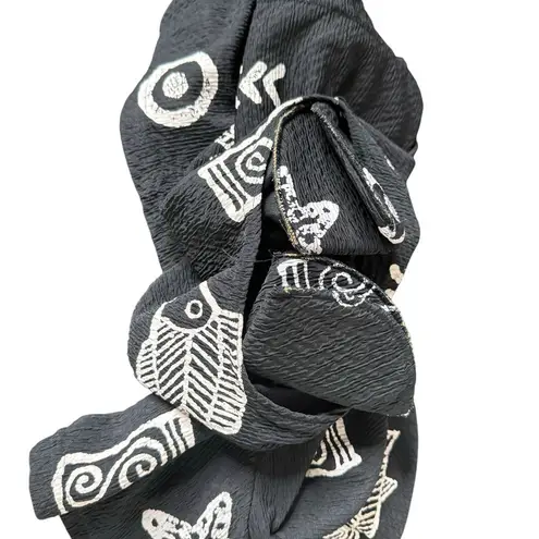 Artsy BOHO Black Top Women Size S Fish Doodle Print Crinkle Art To Wear Fashque