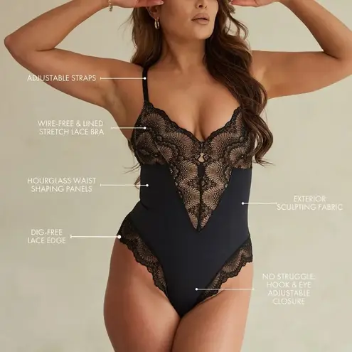 Pinsy Sculpting Lace Shapewear Bodysuit Black Size Large EUC