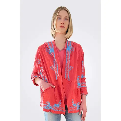 CAITE Sia Jacket Tampa Bay Coral Embroidered Hooded Open Front Cardigan Small Red