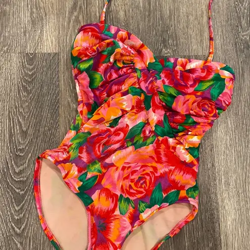 One Piece Vintage 90s swimsuit floral bright tropical slimming Small