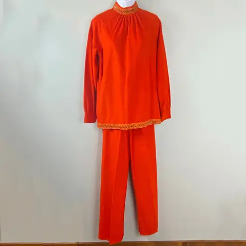 Vintage 2 Piece 60s 70s Retro Orange Tunic & Pants Set Medium