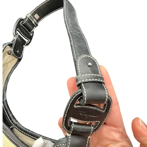 Salvatore Ferragamo Ivory Canvas Black Leather Shoulder Bag Vintage