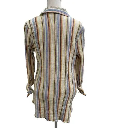 Soft Surroundings Slub Cotton Gauze Stripe Button Down Shirt Beachy size Large