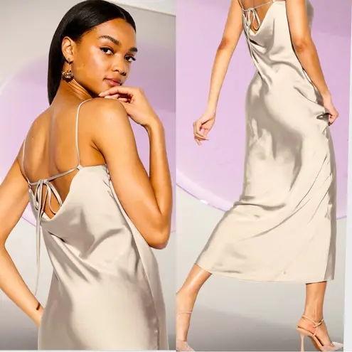 NWTS🌹THE OCCASION L🌹ELITE LINE SLEEK CHAMPAGNE SATIN DRAPED FRONT OPEN BACK MAXI Silver Size L