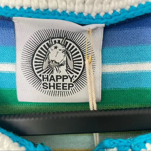 NWT Happy Sheep Rainbow Blue Striped Cardigan Crochet Detail Size Small