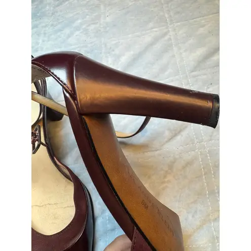 AK Anne Klein Burgundy Leather Ankle Strap Heel Pumps Shoes Women's Size 9M Red