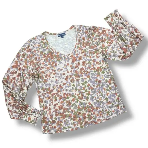 Democracy Printed Wide V Neck Ruffle Snap Cuff Long Sleeve Top Beige Medium