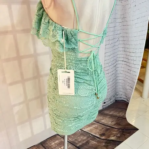 Here Comes the Sun  mint green lace ruched lace up back mini dress