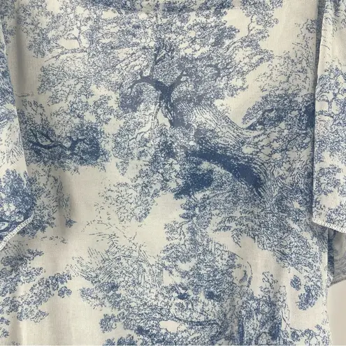 Cottagecore Medium Chic Tree Chinoiserie Art Artsy Print Puff Sleeve Ruched Top Blue