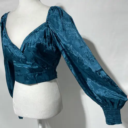 Band Of The Free New Floral Faux Wrap Long Sleeve Crop Top Deep Teal Size Medium