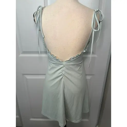 Showpo Mini Dress Ruffle Trim Tie Strap Open Back Ribbed Light Green US 2