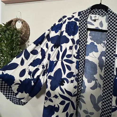CAbi  Botanical Kimono Open Front Tunic Blue White Black Floral Medium Large