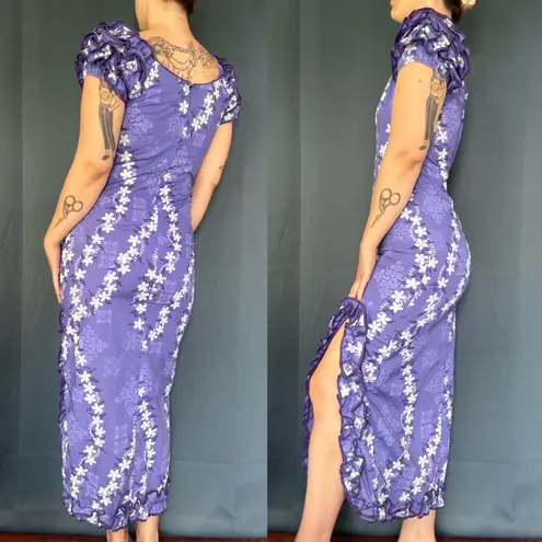 Vintage 80s Royal Creations Floral Hawaiian Luau Ruffle Dress Purple Size M