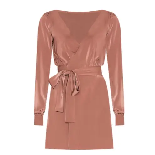 NBD  Mauve Wrap Mini Dress SMALL Satin Deep V Cocktail Quiet Luxury Janet NEW