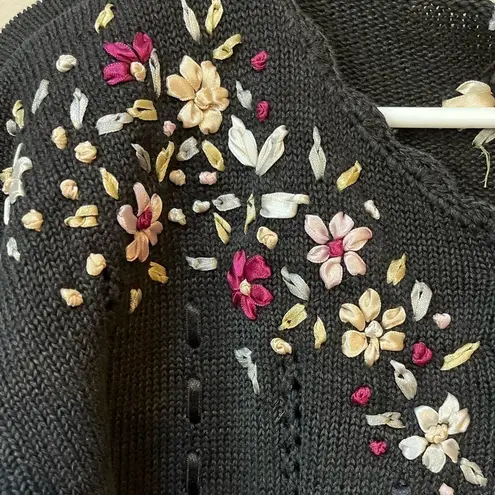 Vintage Black Embroidered Floral Sweater L Ramie Cotton 90s Size L