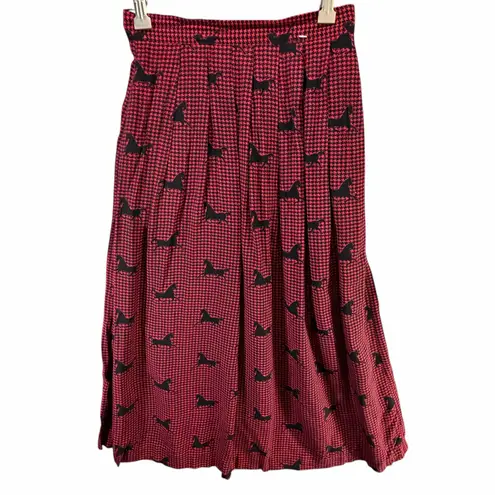 Vintage Lord & Taylor Skirt 4 Red Black Houndstooth Horse Pleated Equestrian 90s