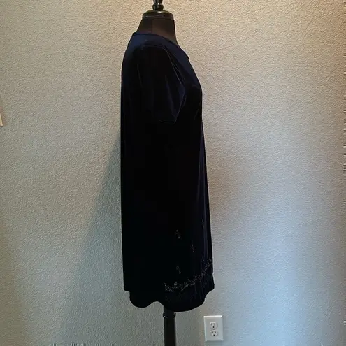 SWAT Velvet Blue Shift Dress with Blue Floral Beaded Embroidery Vintage 90s Size 18