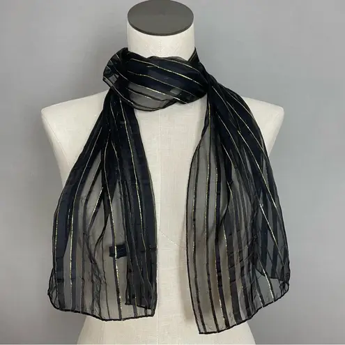 Vintage Scarf Black Sheer Stripes Gold Thread Women Elegant Dressy Retro Nylon