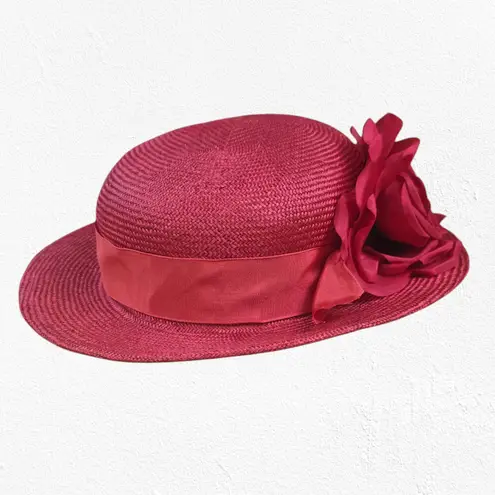 90s Vintage Red Straw Derby Hat with Large Rose Accent Wide Brim Formal Style