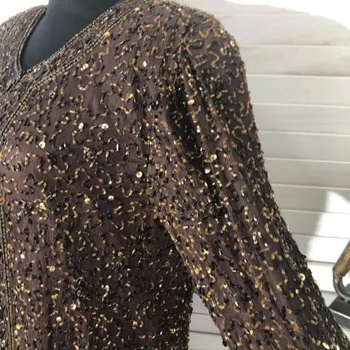 Vintage 100% silk gold beaded sequined brown blazer long sleeves blouse Sz S