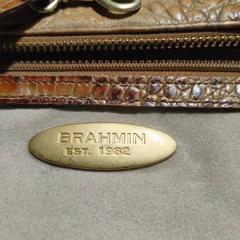 Brahmin Brown Tan Gold Leather Shoulder Bag Alligator Crocodile Embossed Zip