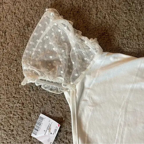 NWT Bodysuit with Sheer Polka Dot Puff Short Sleeves White