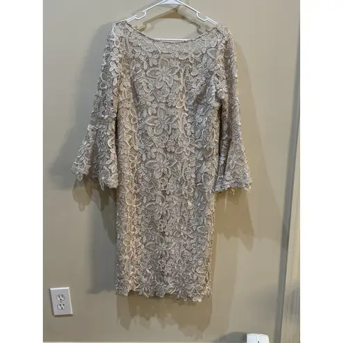 Rickie Freeman Teri Jon Lace Mesh Sheath Dress Cream wedding evening Cocktail Size 10