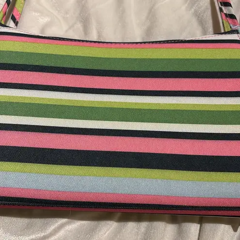 STRIPED MULTICOLORED SHOULDER BAG PINK GREEN BLUE CANVAS LIKE BAG THIN HANDLES