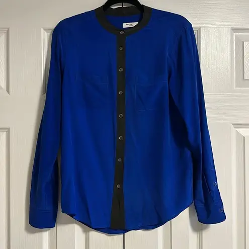 Equipment Women’s Royal Blue with Black Trim Collarless Silk Button Down Blouse