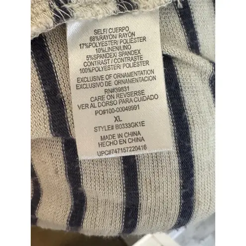 Democracy Ivory Tunic 3/4 Sleeve Blue Stripes Lace Hem, XL