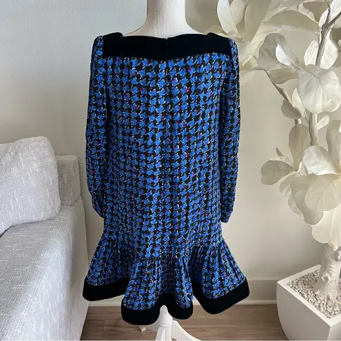 Carolina Herrera Vintage Blue And Black Long Sleeve Bow Silk Dress