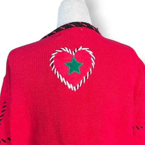Vintage Christmas Cardigan Knit Sweater Red Green Applique Hearts Petite Large Size undefined
