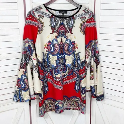 Melissa Paige Paisley Damask Print Bell Sleeve Knit Tunic Top Red Cream Small