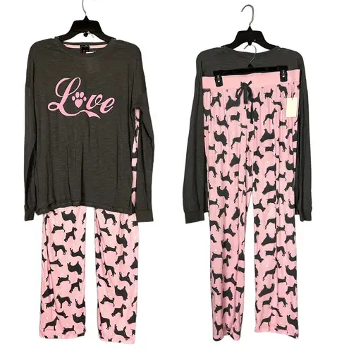 Cozy Zoe Love Dogs Pajamas Set Pink MEDIUM Knit Wide Leg Soft Long Sleeve NEW Gray