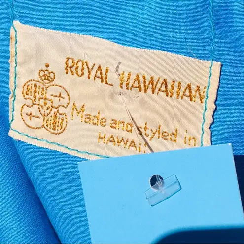 Vintage Blue Tiki Room Royal Hawaiian Mini Dress Cotton Batik Floral Stripe S