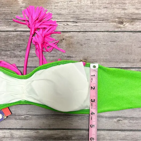 Luli Fama Pink Green Rhinestones Bandeau Bow Tassels Halter Bikini Top NWT Small