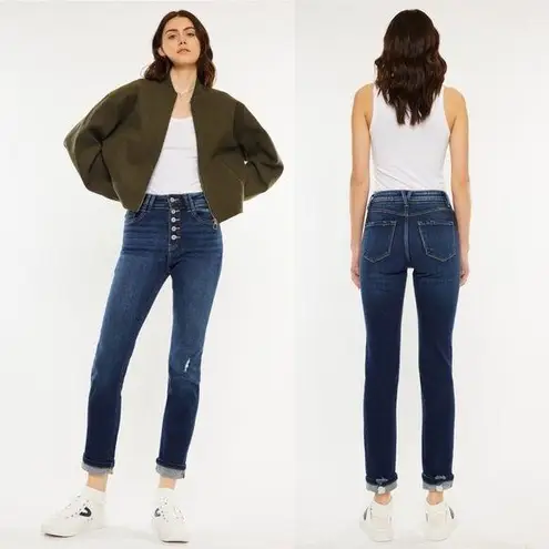 Kancan Reese High Rise Slim Straight 15/31 Dark Distressed Washed Button… Blue