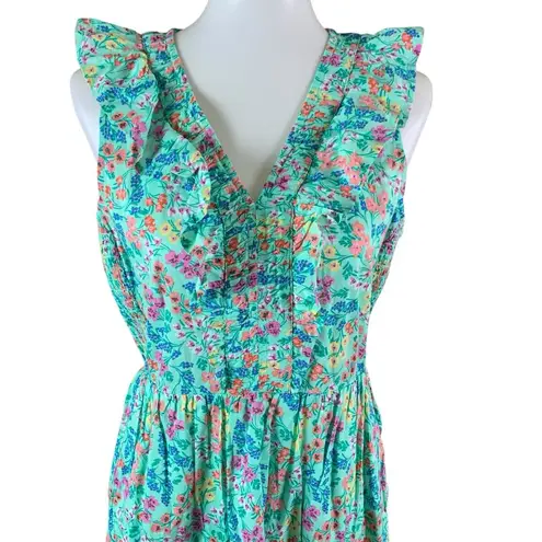 J Crew Green Floral Ruffle Sleeveless Midi Dress 8 Garden Party Romantic Core