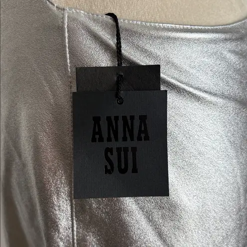 Anna Sui Silver Iggy Faux Leather Mini Dress Tie Back Cutout Shiny Metallic Sz 4