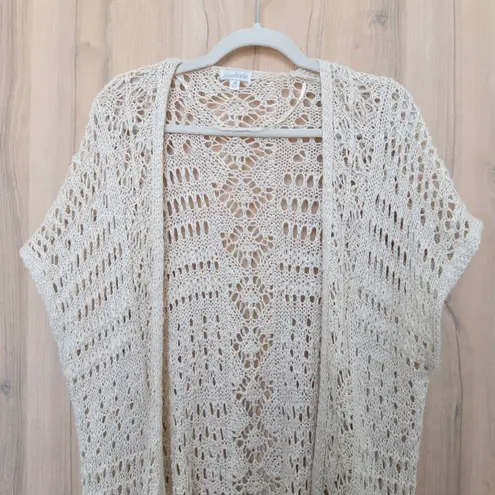 Charming Charlie Womens Crochet Cardigan Size M Cream Kimono Duster Fringe Boho Festival Layer - Image 2