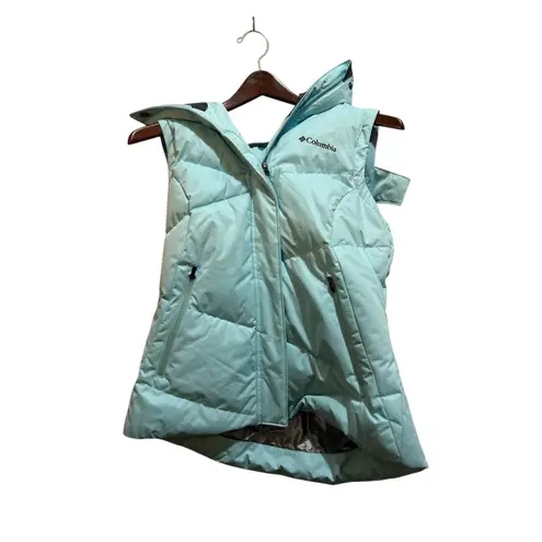 Columbia  Puffer Vest Hooded Faux Fur Trim Light Blue Womens Size S like new