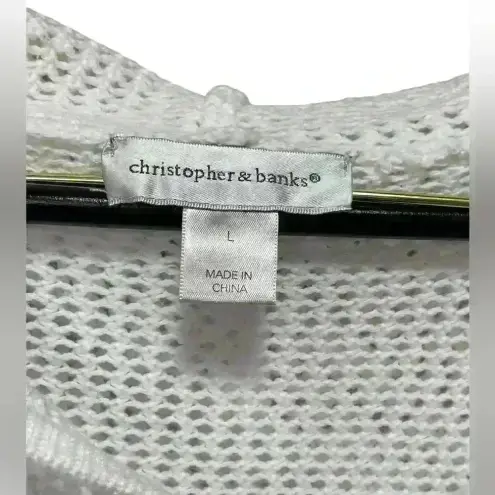 Christopher & Banks White Striped Open Knit Hooded Beach Sweater Size Large