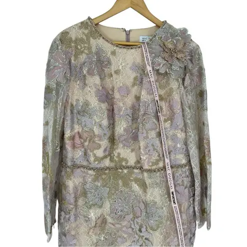Mac Duggal Embellished High Neck Long Sleeve Dress in Nude size 16 NWT 3D Flower