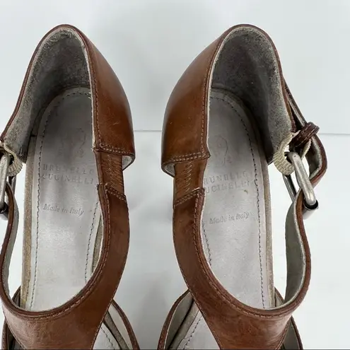 Brunello Cucinelli shoes 40 T-Strap peep toe heeled platform brown leather